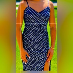 Navy blue and silver sequence dress.